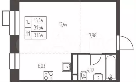 Квартира-студия, 31,6 м, 2/12 эт. - Фото 0