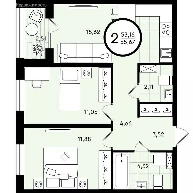2-комнатная квартира: Тюмень, улица Александра Звягина, 5 (55.67 м) - Фото 0