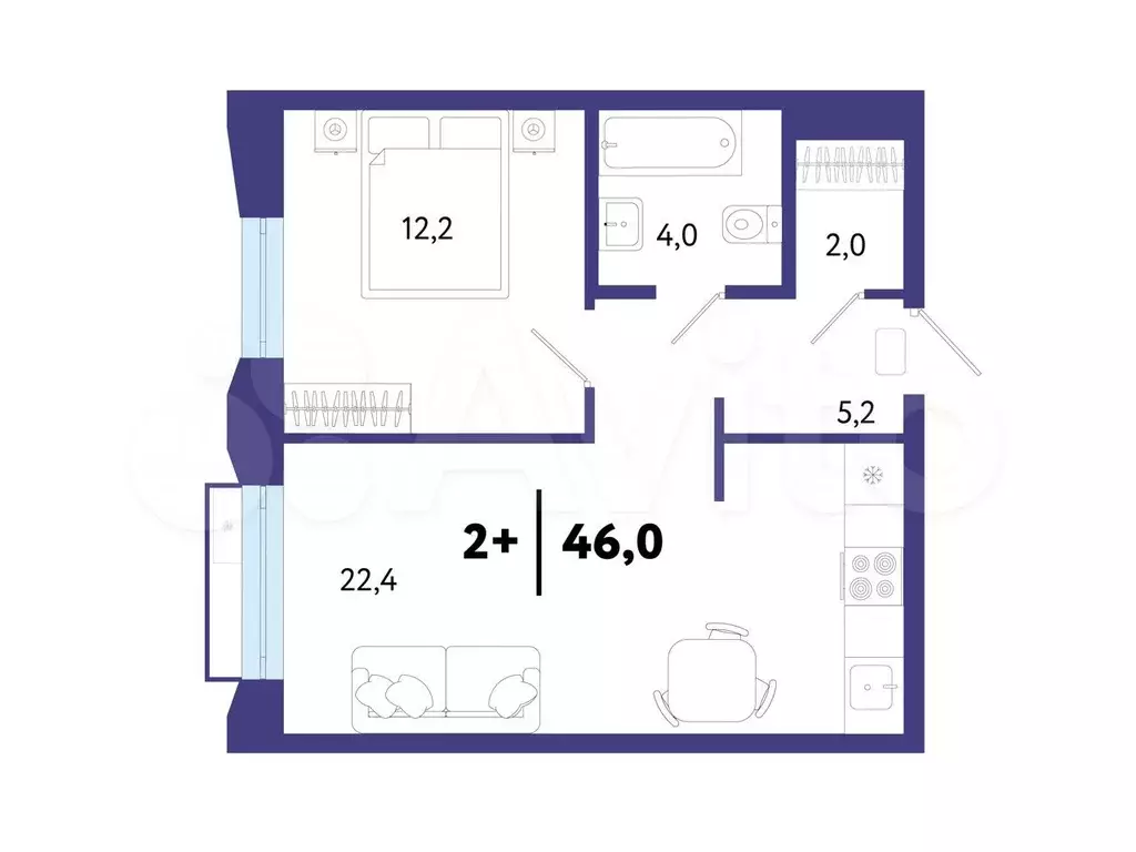 2-к. квартира, 46 м, 3/5 эт. - Фото 1