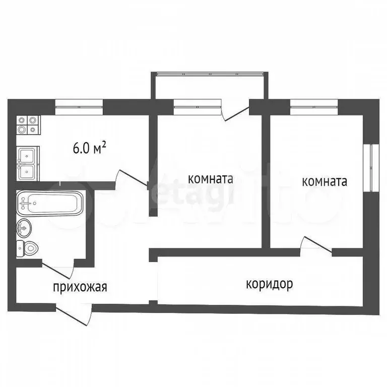 2-к. квартира, 42,2 м, 4/4 эт. - Фото 0