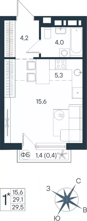 Студия Пермский край, Пермь ул. Космонавта Беляева, 17 (29.5 м) - Фото 1