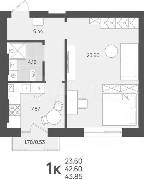 1-к. квартира, 42,6м, 2/3эт. - Фото 1