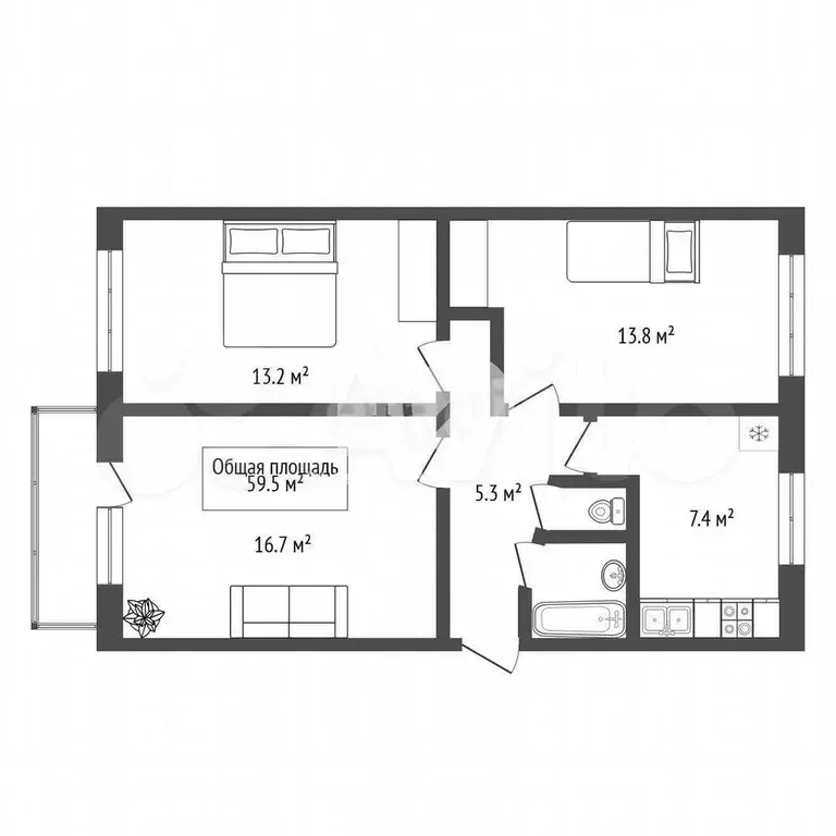 3-к. квартира, 59,5 м, 2/5 эт. - Фото 0