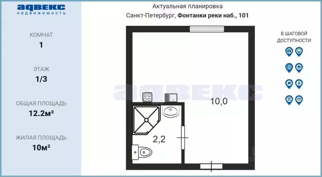 1-к кв. Санкт-Петербург наб. Реки Фонтанки, 101 (12.2 м) - Фото 2