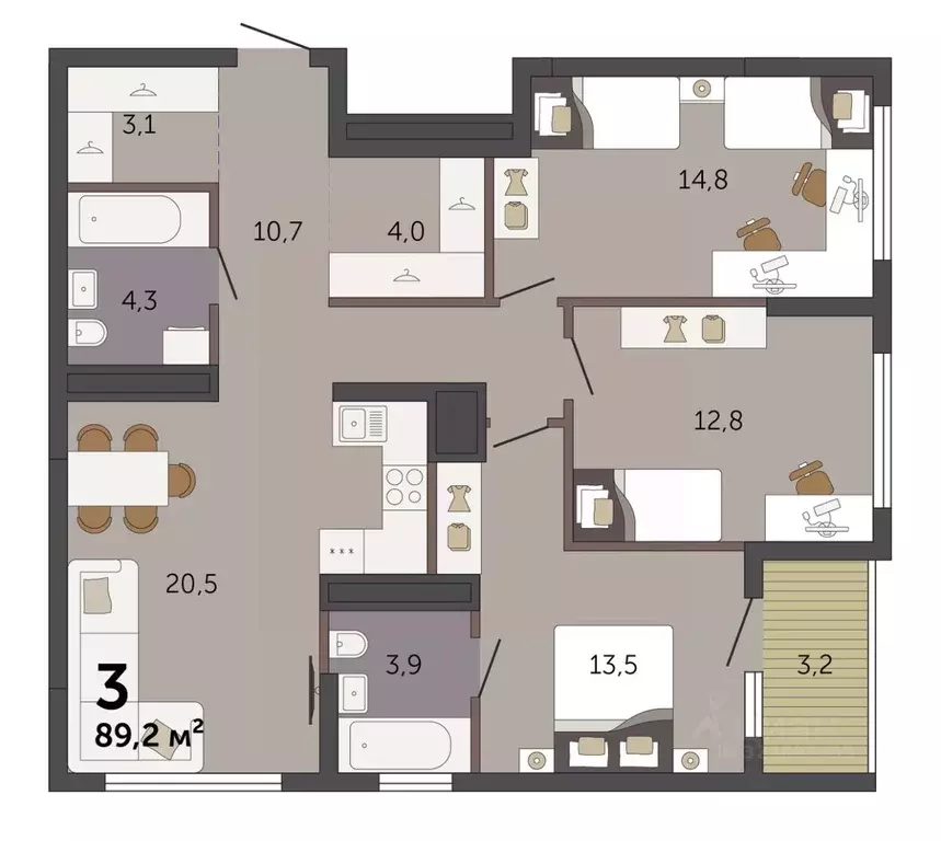 3-к кв. Свердловская область, Екатеринбург Южный жилрайон,  (89.2 м) - Фото 2