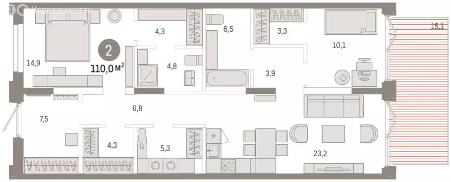 3-комнатная квартира: Тюмень, улица Республики, 205к2 (110.2 м) - Фото 2
