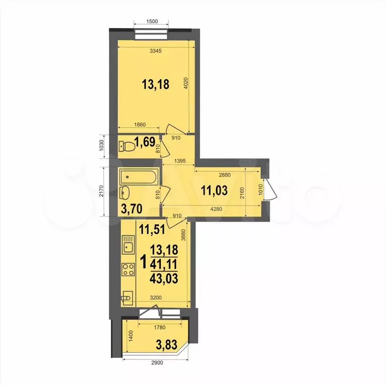 1-к. квартира, 43 м, 1/5 эт. - Фото 0