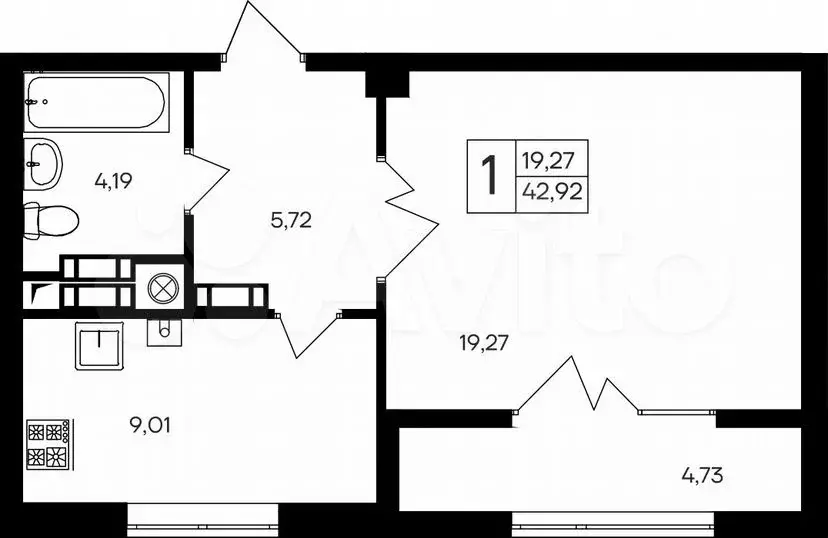 1-к. квартира, 42,9 м, 6/9 эт. - Фото 0