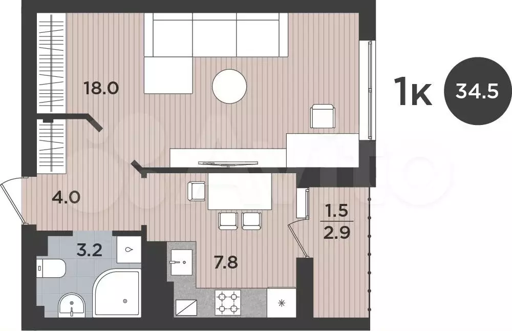 1-к. квартира, 34,5 м, 4/9 эт. - Фото 0