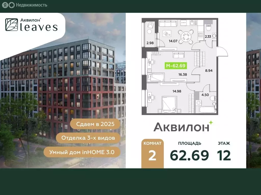 2-комнатная квартира: Санкт-Петербург, жилой комплекс Аквилон Ливз 2 ... - Фото 0