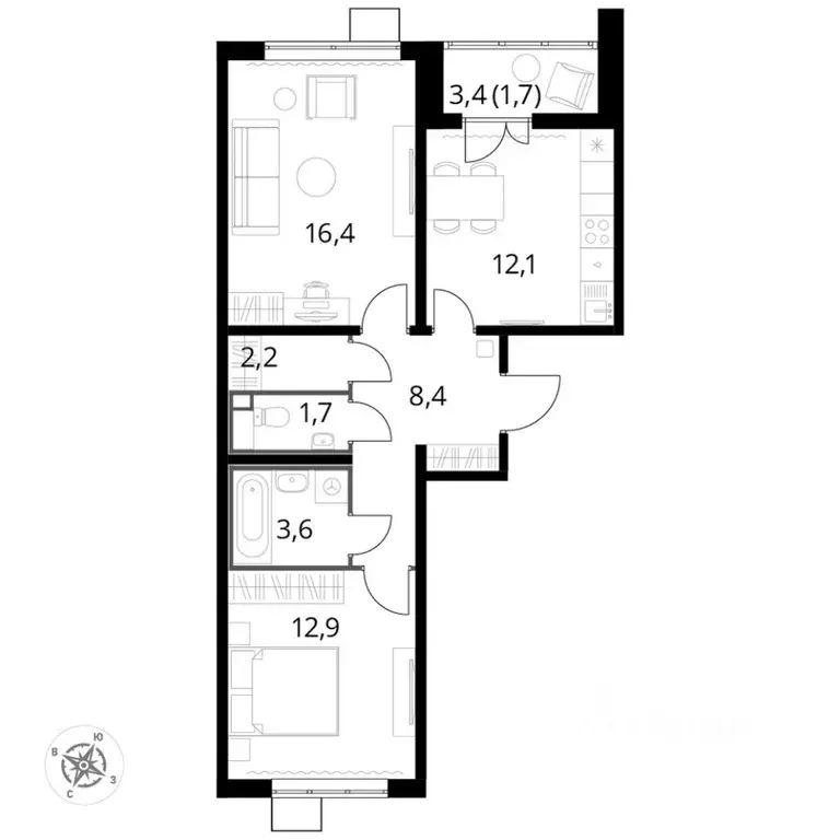 2-к кв. Московская область, Люберцы ул. Рождественская, 8 (58.8 м) - Фото 2