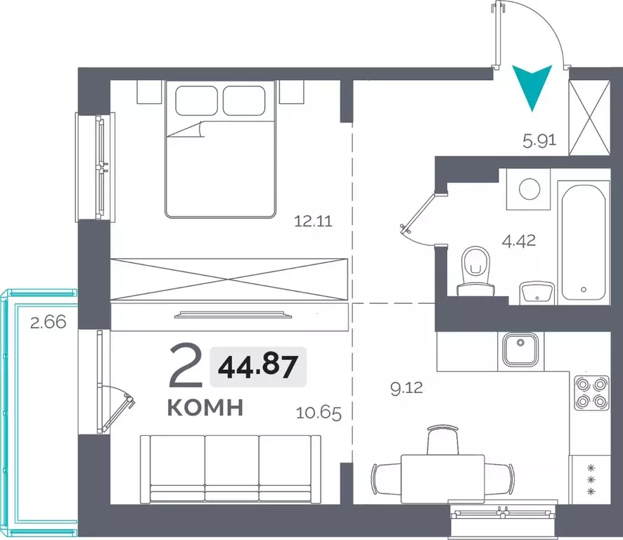 2-к кв. Иркутская область, Иркутск Пулковский пер., 28 (44.87 м) - Фото 0