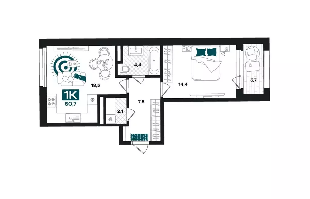 1-комнатная квартира: Тюмень, улица Евгения Войнова, 8 (50.7 м) - Фото 1