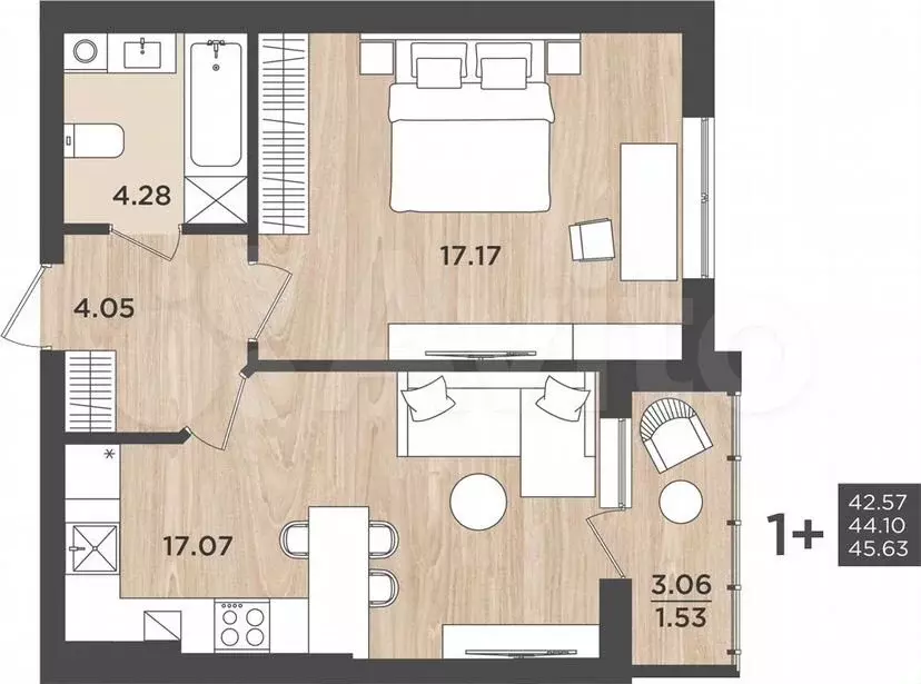 1-к. квартира, 44,1м, 5/9эт. - Фото 1