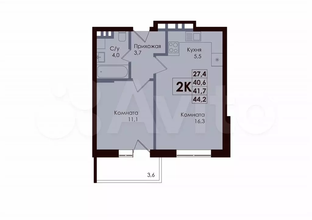 2-к. квартира, 41,7 м, 5/9 эт. - Фото 0