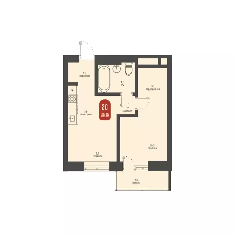 2-к кв. Томская область, Томск ул. Косарева, 6 (35.15 м) - Фото 1