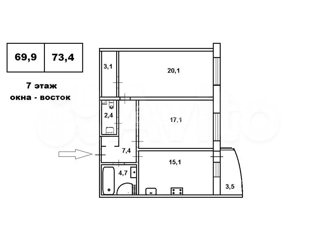 2-к. квартира, 73,4 м, 7/12 эт. - Фото 0