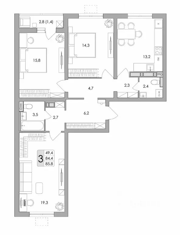 3-к кв. воронежская область, воронеж ул. шишкова, 140б/16 (85.8 м) - Фото 0