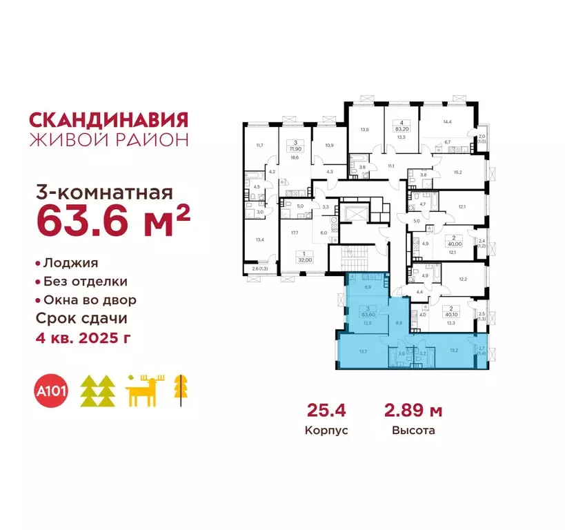 3-к кв. Москва Скандинавия жилой комплекс, 25.4 (63.6 м) - Фото 1
