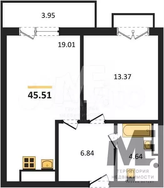 1-к. квартира, 45,5 м, 7/7 эт. - Фото 0