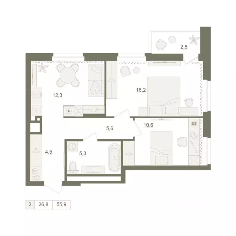 2-к кв. Башкортостан, Уфа Родина Парк жилой комплекс (55.9 м) - Фото 0