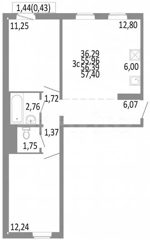 3-к. квартира, 56,4 м, 8/10 эт. - Фото 0