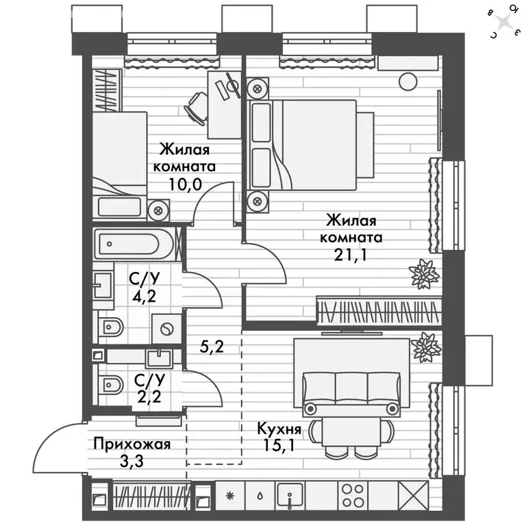 2-комнатная квартира: Владивосток, ЖК Флагман (61.1 м) - Фото 2