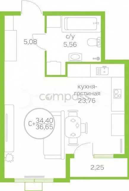 Квартира-студия, 34,4 м, 3/10 эт. - Фото 0