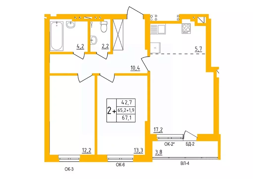 2-к кв. Башкортостан, Уфа Инорс-4Б мкр, Акварель жилой комплекс (66.7 ... - Фото 1