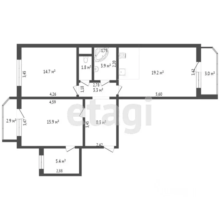 2-к кв. Тюменская область, Тюмень ул. Пермякова, 84к1 (72.2 м) - Фото 2