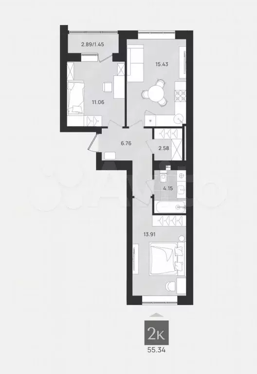 2-к. квартира, 55,3 м, 5/9 эт. - Фото 1