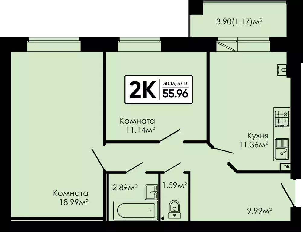 2-к квартира, 55.96 м - Фото 0