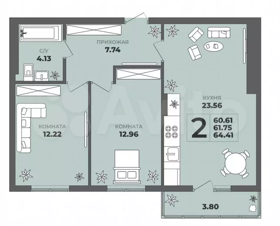 2-к. квартира, 62 м, 3/8 эт. - Фото 1