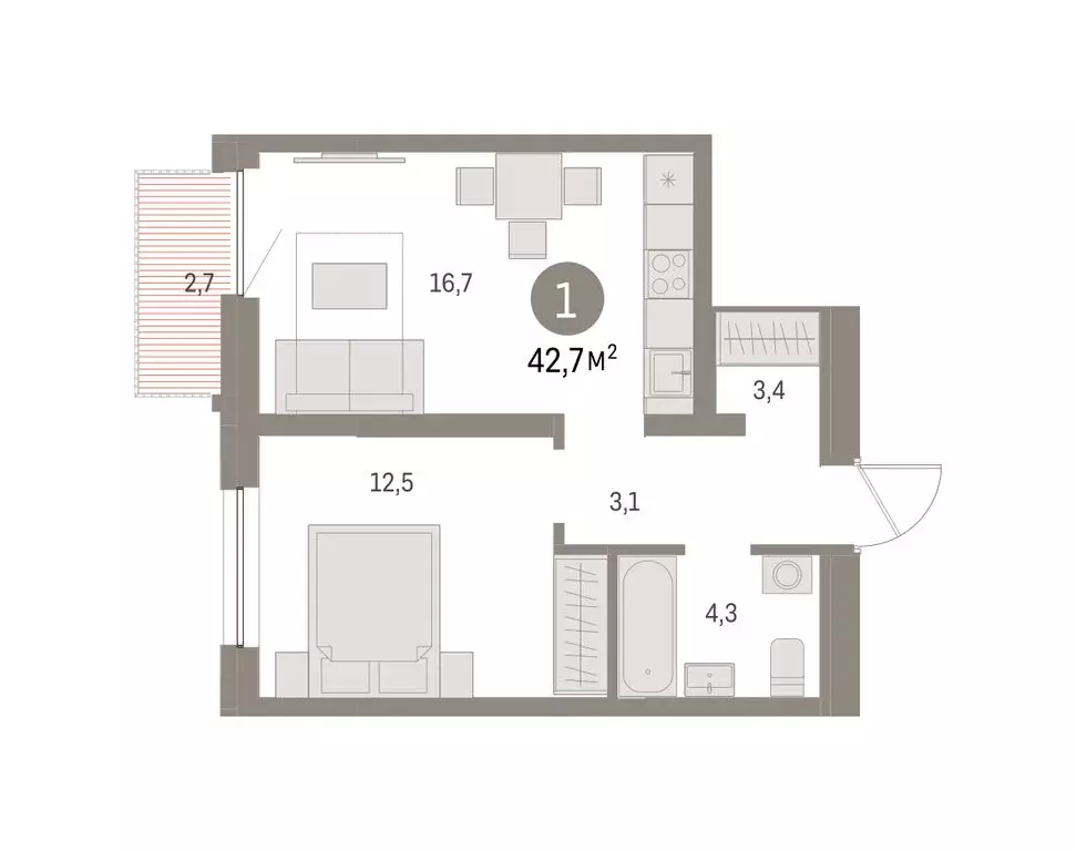 1-комнатная квартира: Екатеринбург, улица Гастелло, 12 (42.74 м) - Фото 2