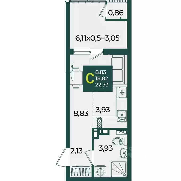Студия Краснодарский край, Краснодар Образцово мкр,  (22.73 м) - Фото 1