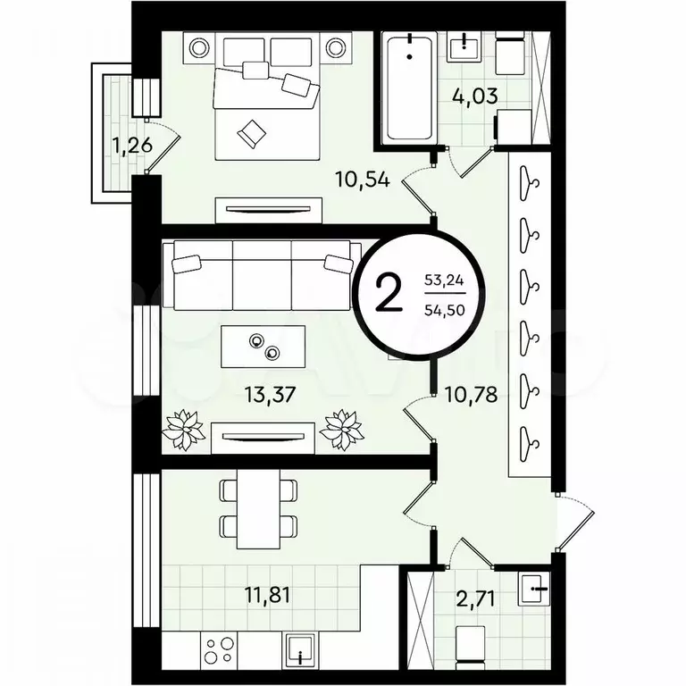 2-к. квартира, 54,5 м, 4/4 эт. - Фото 0