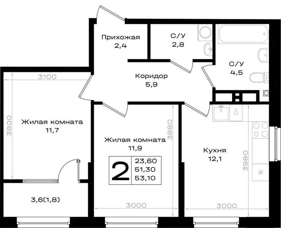 2-комнатная квартира: Аксай, Новый Аксай (53.1 м) - Фото 1