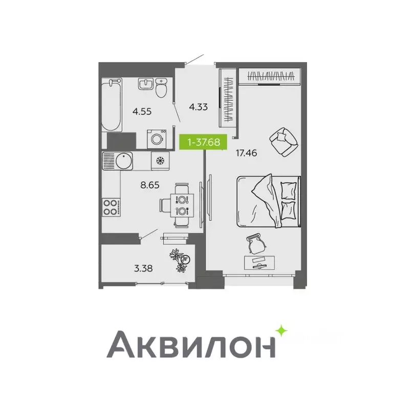 1-к кв. Архангельская область, Архангельск  (37.68 м) - Фото 1