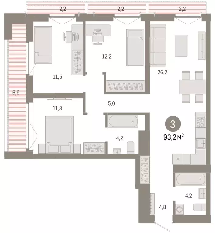 3-комнатная квартира: Новосибирск, Большевистская улица, 66 (93.23 м) - Фото 1