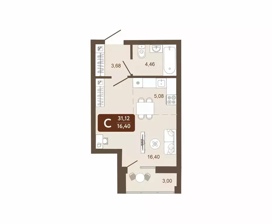 Студия Кемеровская область, Кемерово 58В мкр, 1 (31.12 м) - Фото 0