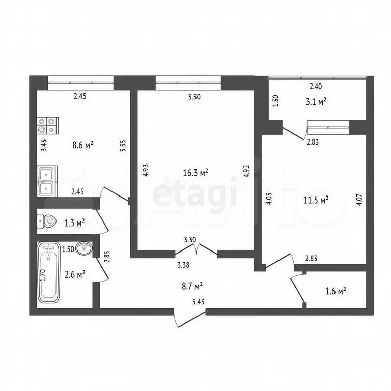 2-к. квартира, 50,9 м, 8/9 эт. - Фото 0