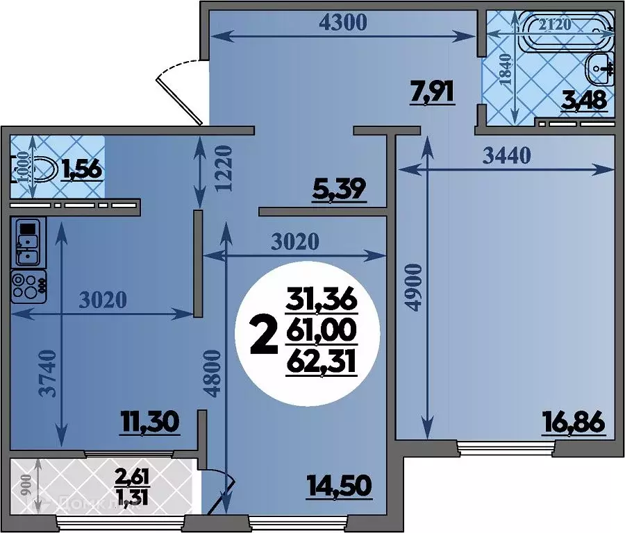 Продаётся 2-к квартира, 62.31 м - Фото 1