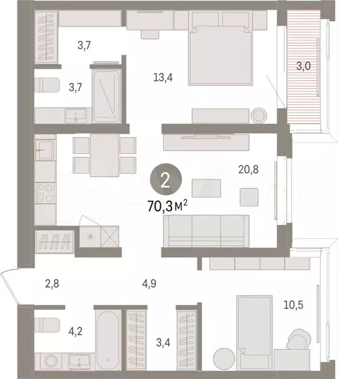 2-к. квартира, 70,3 м, 4/16 эт. - Фото 1