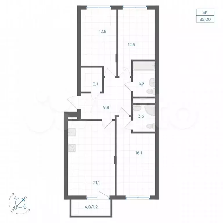3-к. квартира, 85 м, 13/18 эт. - Фото 0