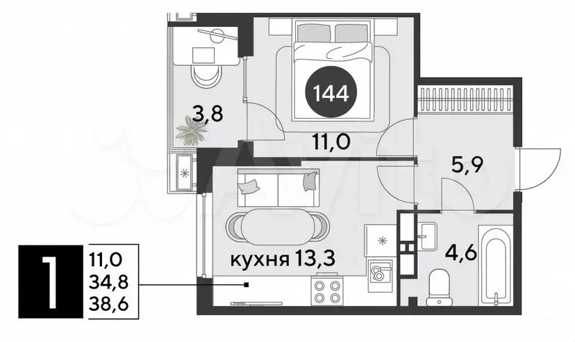 1-к. квартира, 38,6 м, 16/18 эт. - Фото 1