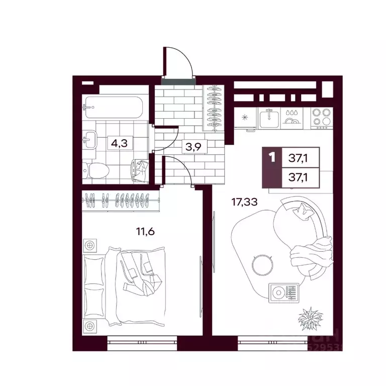 1-к кв. Тюменская область, Тюменский муниципальный округ, д. Дударева ... - Фото 1