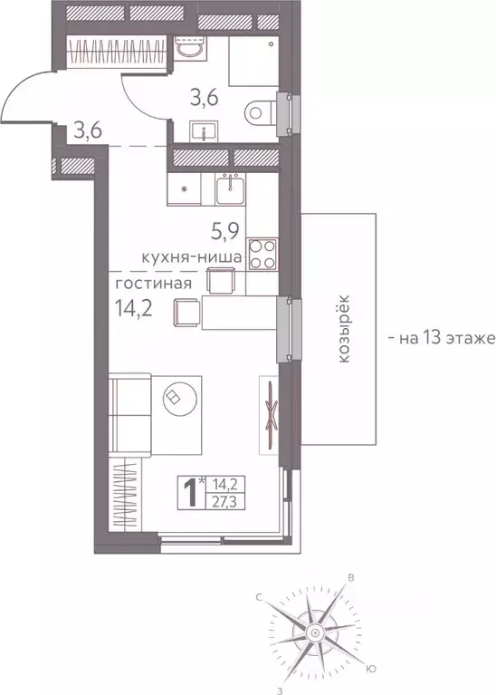 Студия Пермский край, Пермь ул. Серебристая, 3 (27.3 м) - Фото 1