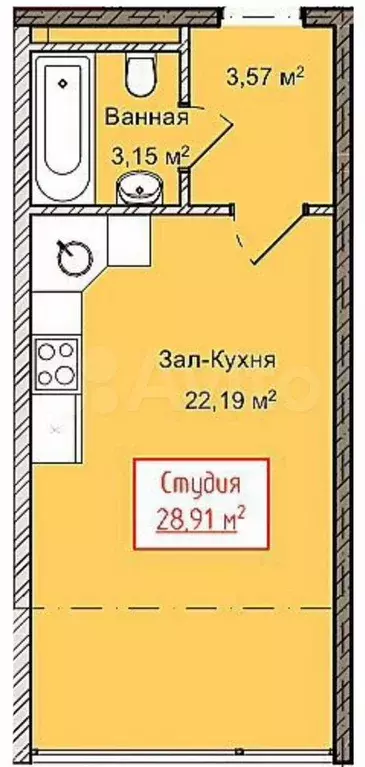 Квартира-студия, 28,9 м, 5/13 эт. - Фото 1