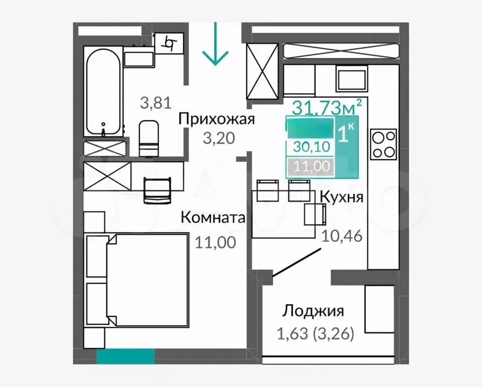 1-к. квартира, 30,1 м, 7/9 эт. - Фото 0