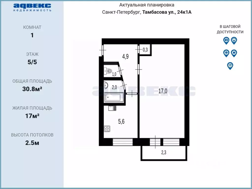 1-к кв. Санкт-Петербург ул. Тамбасова, 24 (30.8 м) - Фото 2